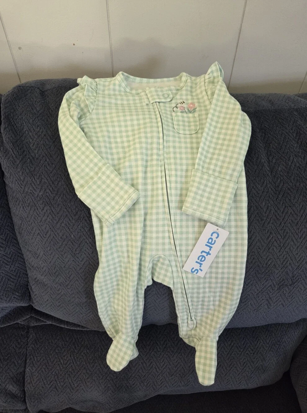 Carter's Light Green Gingham Footed One-Piece